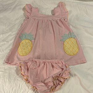 Shrimp & Grits Kids Pink Striped Baby Dress with Pineapple Pockets